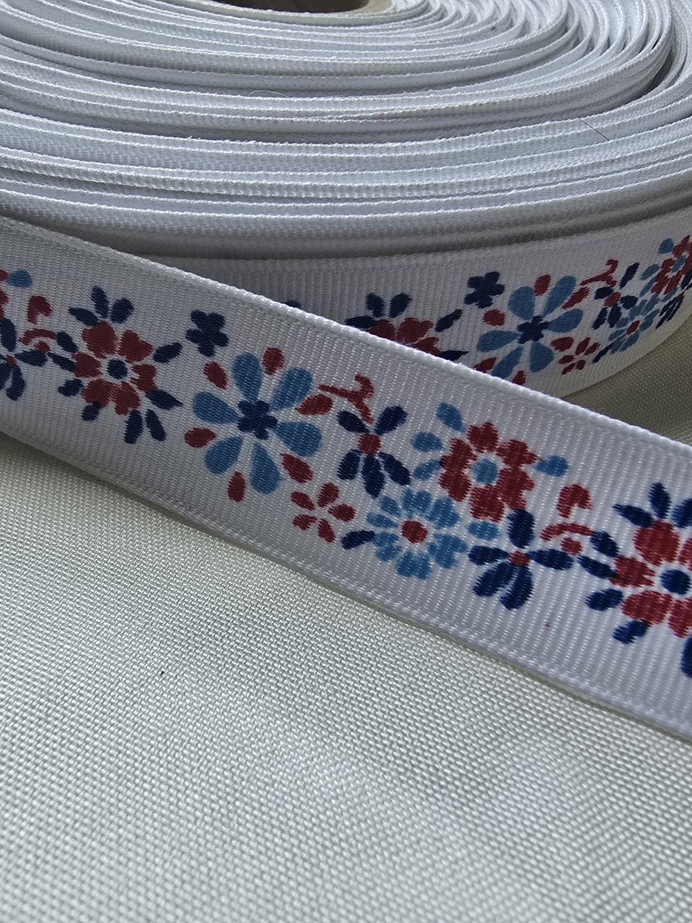 White Floral Grosgrain Ribbon with Blue & Red Flowers